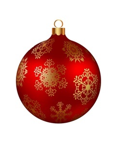 Christmas decoration red glass ball with golden snowflakes ornate. Festive design element for the winter holidays, events, discounts, and sales. Vector illustration.