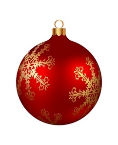 Christmas decoration red glass ball with golden snowflakes ornate. Festive design element for the winter holidays, events, discounts, and sales. Vector illustration.