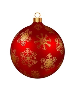 Christmas decoration red glass ball with golden snowflakes ornate. Festive design element for the winter holidays, events, discounts, and sales. Vector illustration.