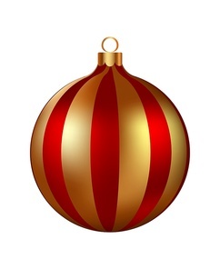 Christmas decoration red glass ball with golden snowflakes ornate. Festive design element for the winter holidays, events, discounts, and sales. Vector illustration.