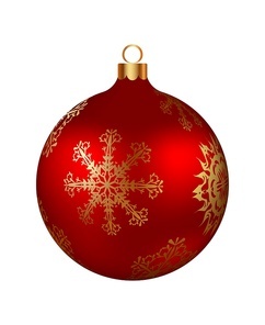 Christmas decoration red glass ball with golden snowflakes ornate. Festive design element for the winter holidays, events, discounts, and sales. Vector illustration.