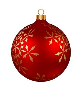 Christmas decoration red glass ball with golden snowflakes ornate. Festive design element for the winter holidays, events, discounts, and sales. Vector illustration.