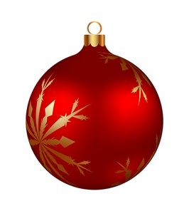 Christmas decoration red glass ball with golden snowflakes ornate. Festive design element for the winter holidays, events, discounts, and sales. Vector illustration.