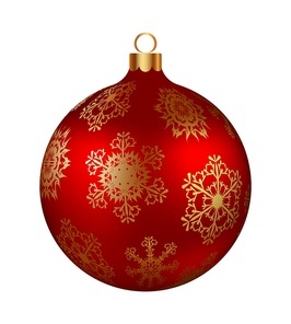 Christmas decoration red glass ball with golden snowflakes ornate. Festive design element for the winter holidays, events, discounts, and sales. Vector illustration.