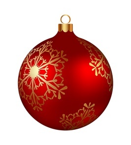 Christmas decoration red glass ball with golden snowflakes ornate. Festive design element for the winter holidays, events, discounts, and sales. Vector illustration.