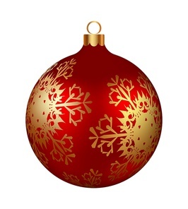 Christmas decoration red glass ball with golden snowflakes ornate. Festive design element for the winter holidays, events, discounts, and sales. Vector illustration.