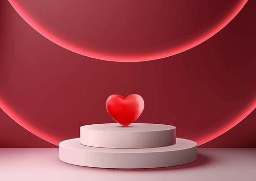 Valentine's Day products shine with 3D podium mockup featuring a modern, minimalist design with red heart accents. Perfect for cosmetics, jewelry. Vector illustration