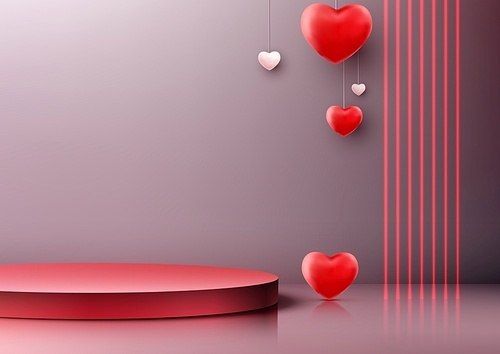 Valentine's Day products shine with this photorealistic 3D podium mockup. Featuring a red podium adorned with hearts and neon lights. Vector illustration