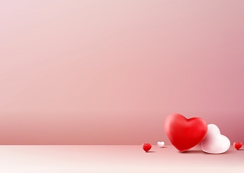 Valentine's Day 3D mockup features realistic red and white hearts on a soft pink background. Vector illustration