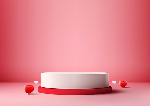 Valentine's Day display with this photorealistic 3D podium mockup red and white color scheme with a decorative hearts elements. Vector illustration