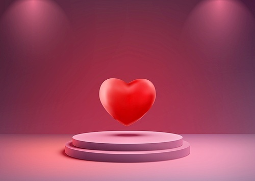 Valentine's Day display with this realistic 3D podium mockup pink color scheme with a decorative red hearts backdrop. Vector illustration