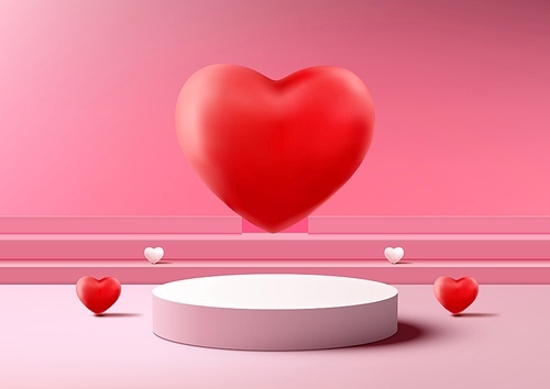 Valentine's Day display with this realistic 3D podium mockup red and pink color scheme with a decorative hearts elements. Vector illustration