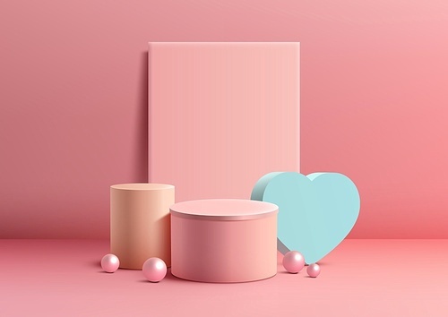 Valentine's Day display with this realistic 3D podium mockup pink color scheme with a decorative geometric and blue hearts elements. Vector illustration