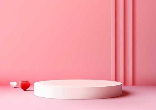 Valentine's Day display with this photorealistic 3D podium mockup white color scheme with a decorative red hearts elements. Vector illustration