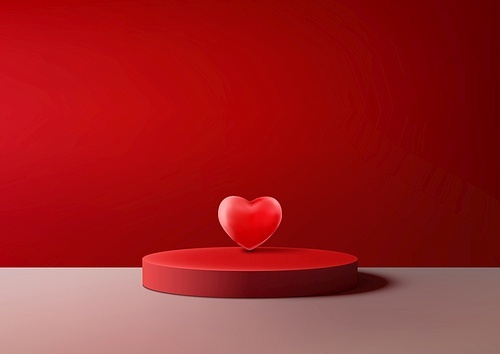 Valentine's Day display with this realistic 3D red podium mockup pink and red color scheme with a decorative red hearts backdrop. Vector illustration