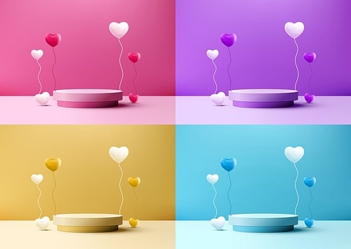 Valentine's Day visuals with this realistic 3D podium mockup. Featuring a vibrant color backdrop, heart balloons, and a modern stage, it's perfect for showcasing products, promotion. Vector illustration