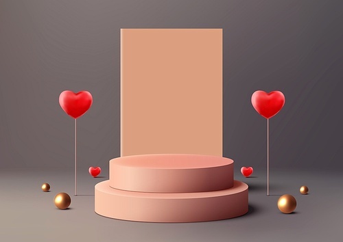 Valentine's Day visuals with realistic 3D pink podium mockup. Featuring a gray backdrop, heart balloons, golden balls and a modern stage, it's perfect for showcasing products, promotion. Vector illustration