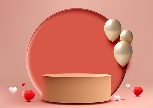 Valentine's Day products display 3D podium mockup. Featuring podium adorned with red hearts and a golden balloon, minimalist scene modern item. Vector illustration