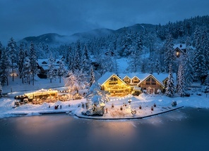 Aerial view of illuminated houses in fairy village in snow, forest, Jasna lake, street lights at winter night. Top view of alpine mountains in fog, snowy pine trees at dusk. Kranjska Gora, Slovenia