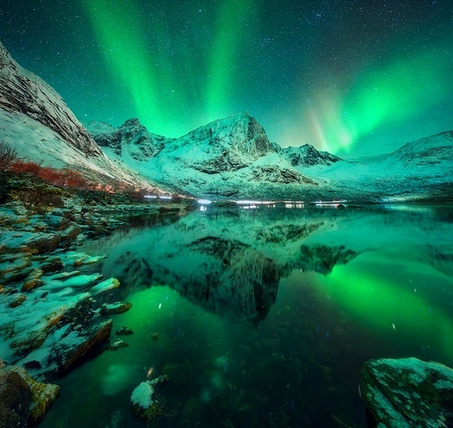 Northern lights over the snowy mountains, frozen sea, reflection in water at winter night in Lofoten, Norway. Aurora borealis and snowy rocks. Landscape with polar lights, stones, starry sky and fjord