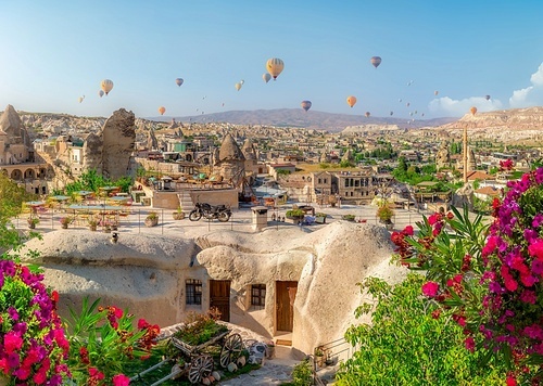 Hot air balloons flying over Cappadocia, Turkey