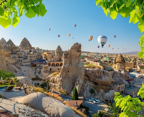 Hot air balloons flying over Cappadocia, Turkey