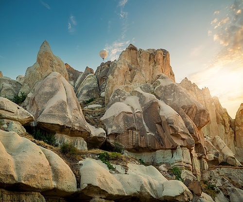 Hot air balloons flying over Cappadocia, Turkey