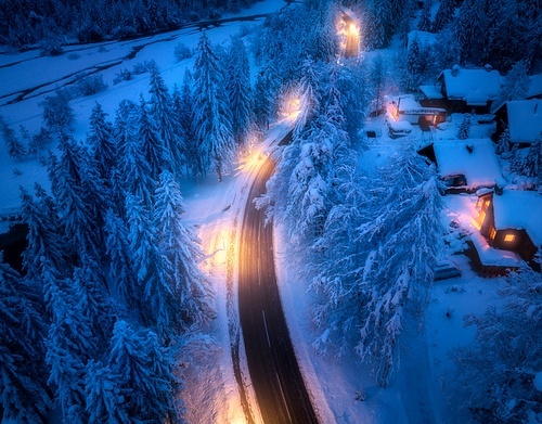 Aerial view of road in fairy town in snow, forest, houses with street lights at night in winter. Top view of village, rural road, illumination, snowy pine trees at dusk in Kranjska Gora, Slovenia