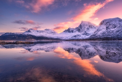 Beautiful snowy mountains and colorful sky with clouds at sunset in winter in Lofoten islands, Norway. Landscape with rocks in snow, sea coast, reflection in water at dusk, purple sky with pink clouds