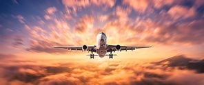 Airplane is flying above the clouds at sunset in summer. Landscape with passenger airplane, mountains, orange sky. Aircraft is taking off. Business travel. Commercial plane. Aerial view. Transport