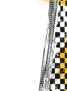 Racing sport grunge background, checkered racing flag with grunge tire tracks, vector poster. Wheel traces of car and truck tyre prints, motorcycle or offroad and motocross tread trails of rally sport