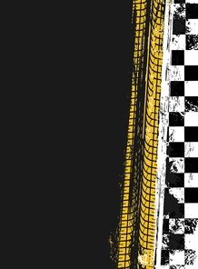 Grunge race sport flag background with car tires track, vector checker pattern. Race sport flag with wheel tires print on road, rubber tyre tread marks of car rally and motocross races