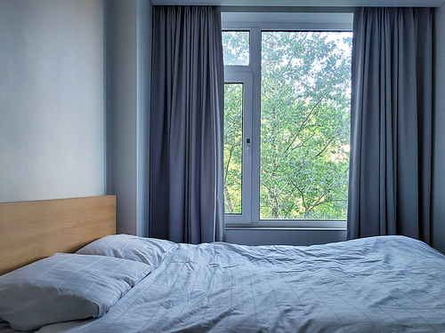 창문 밖으로 녹색 숲이 보이는 침실  (숲뷰)