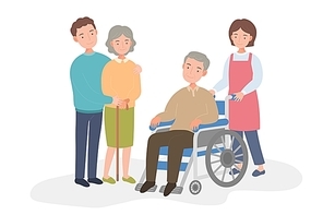 휠체어를 탄 노인을 돕는 가족과 의사