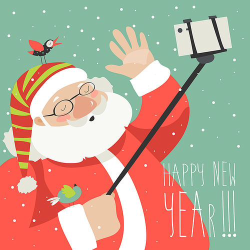 Cartoon style Santa Claus making selfie, Christmas vector greeting card