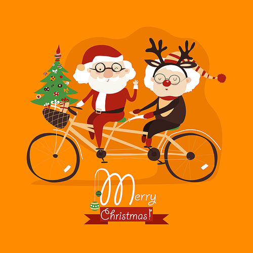 Cool grandma with grandpa as santa claus and reindeer riding a bicycle tandem. Merry Christmas card.
