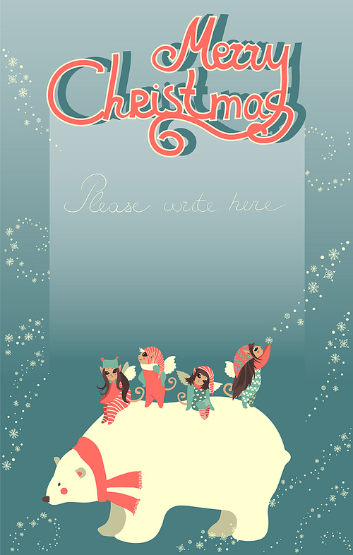 Vector greeting card, angels and polar bear are celebrating Christmas