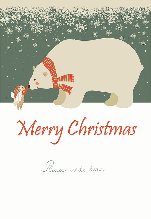 Vector greeting card, little angel and polar bear are celebrating Christmas