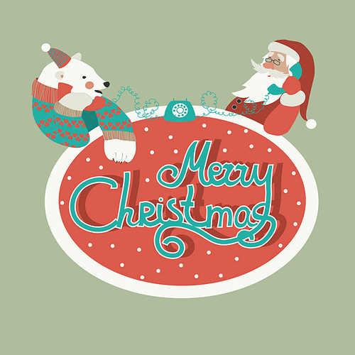 Christmas greeting card, polar bear and Santa Claus talking by phone