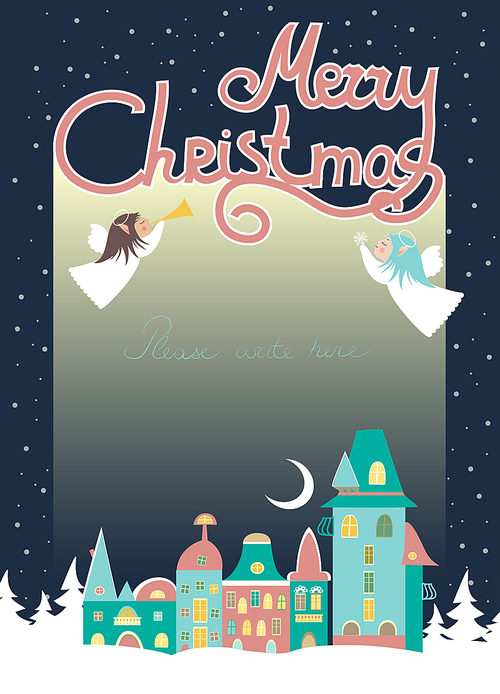 Two little cartoon angels flying above night snowy cityscape, Christmas vector greeting card