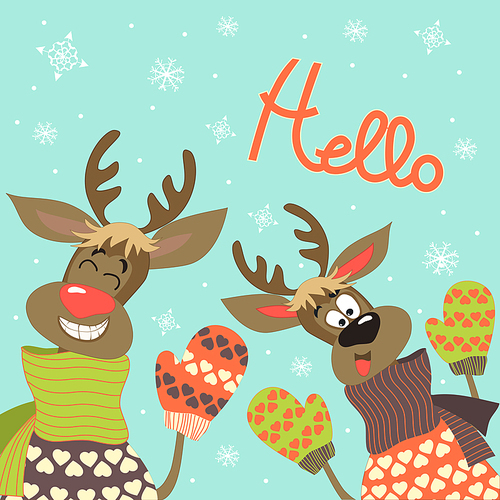 Reindeers say hello at vector greeting card