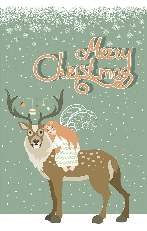 Cute little angel hugs reindeer. Vector Christmas greeting card.