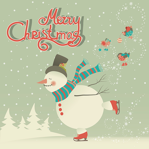 Vector Christmas card, ice skating cartoon snowman