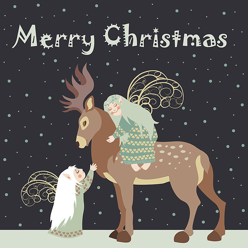 Two little angels embrace  reindeer.Vector Christmas greeting card.