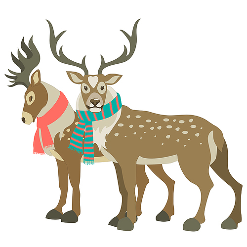 Two cute reindeers wearing scarves, vector illustration