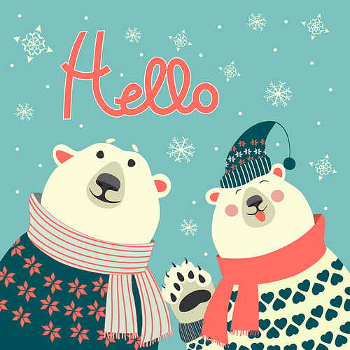 Two friends, polar bears say hello, vector greeting card