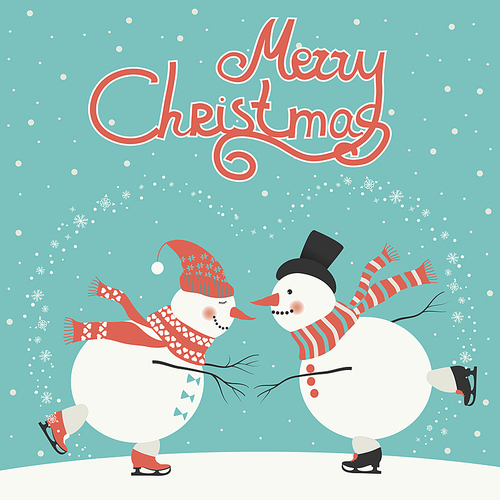 Vector Christmas card, two ice skating cartoon snowmen