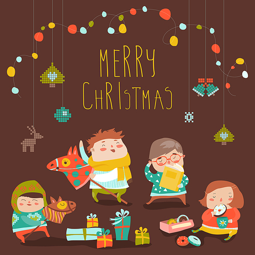 Vector Christmas Card with cute kids, sweets and christmas presents