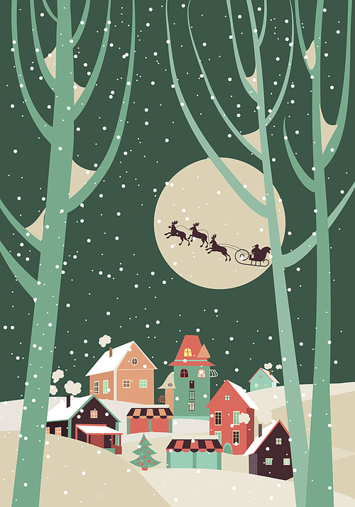 Santa Claus sleigh with reindeer fly over the city and throws gifts on the background of the moon. Vector greeting card