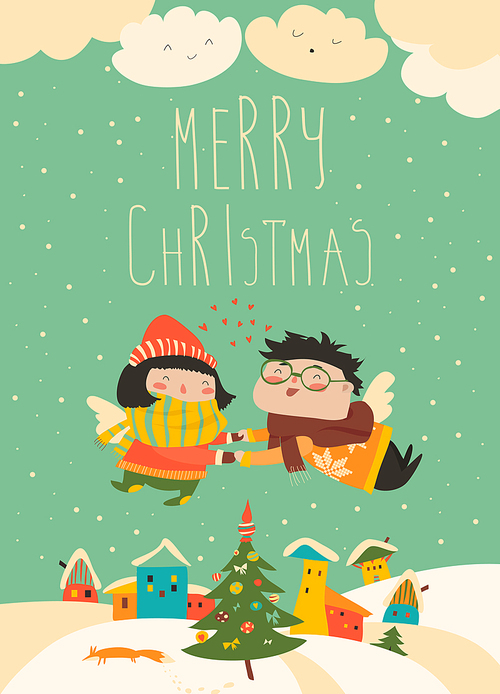 Stylish Christmas card in vector. Cute couple of angels flying above the houses